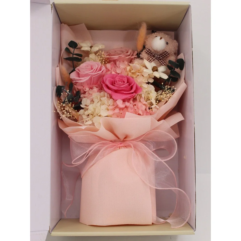 SOLUNOX Preserved Flower Bouquet Pink Roses Hydrangea Plush Bear Gift Box FL7822